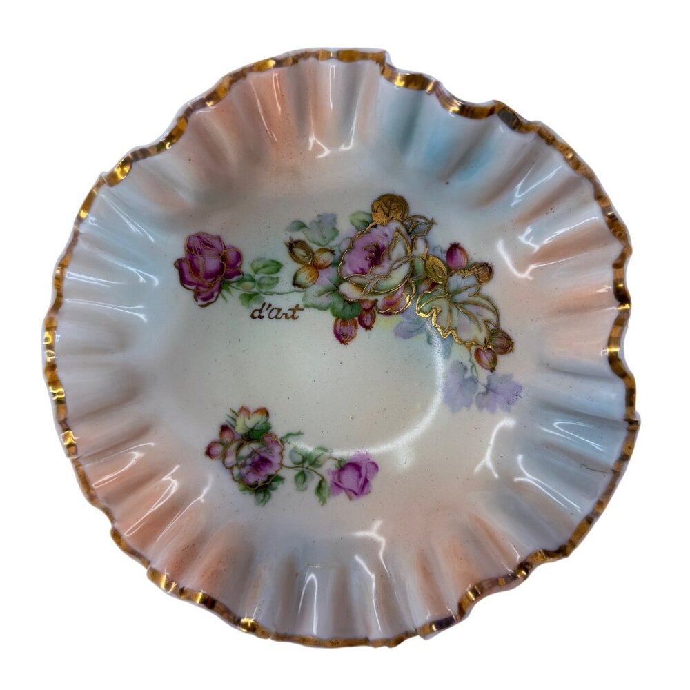 Vtg 1950s Arnat D’Art Hand Painted Floral Porcelain‎ Bowl with Gold Ruffled Edge